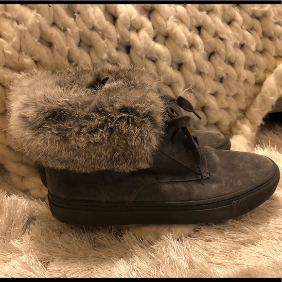 VINCE Womens NYACK Gray Suede, fur trim sneaker, 8 - Picture 3 of 6